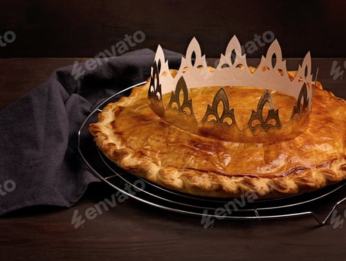 Preview: King cake or galette des rois in French. Traditional epiphany pie with golden paper crown and charm