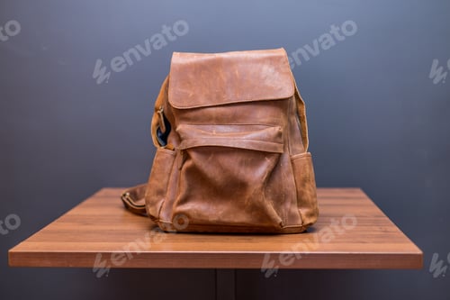 Preview: Brown leather backpacks on wood table