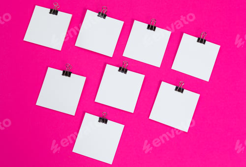Preview: mock up concept. cards Papers on pink background. Top view, flat lay, copy space