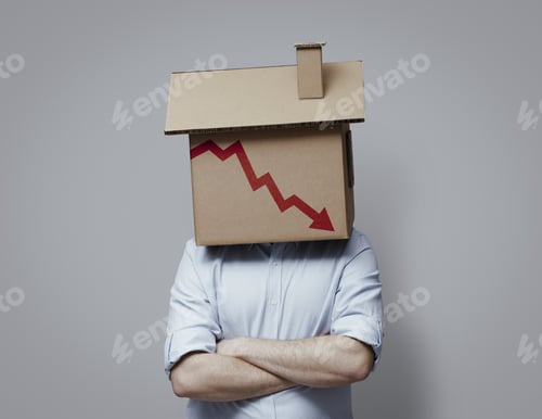 Preview: Man with cardboard house on his head and financial chart