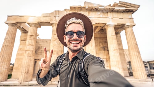 Preview: Happy tourist visiting the Acropolis of Athens, Greece