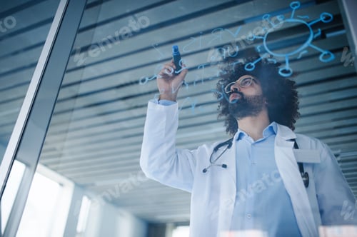 Preview: Doctor making notes in hospital, corona virus concept. Shot through glass