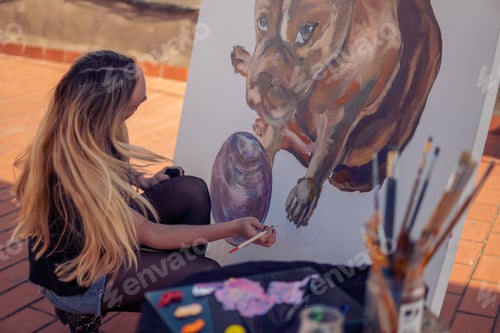 Preview: Young woman paint artist drawing at home roof
