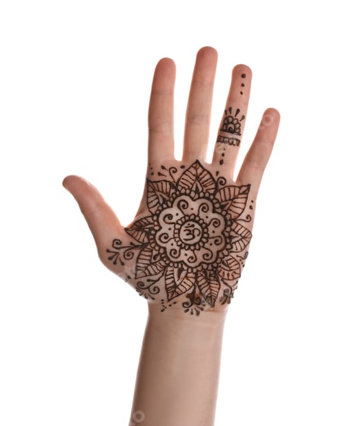 Preview: Woman with henna tattoo on palm against white background, closeup. Traditional mehndi ornament