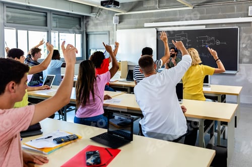 Preview: Group of high school students raising hands in classroom
