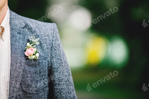 Preview: Wedding ceremony. Groom in a suit. Buttonhole on the jacket