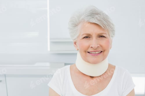 Preview: Senior female patient sitting in clinic room wearing cervical collar and pearl earrings, copy space