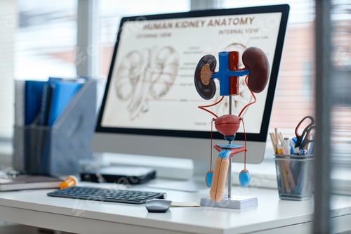 Preview: Human Kidney Model Displayed on Desk in Urologist Office Setting