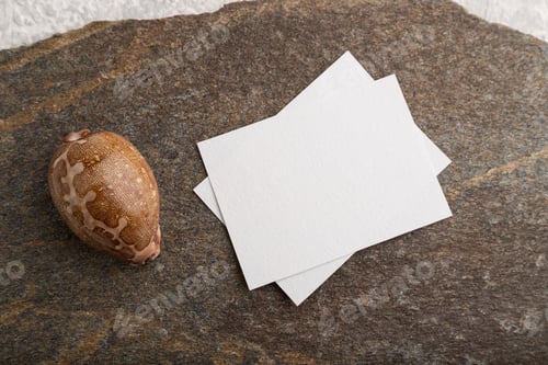 Preview: White paper business card, mockup with natural stone and seashell on gray concrete background
