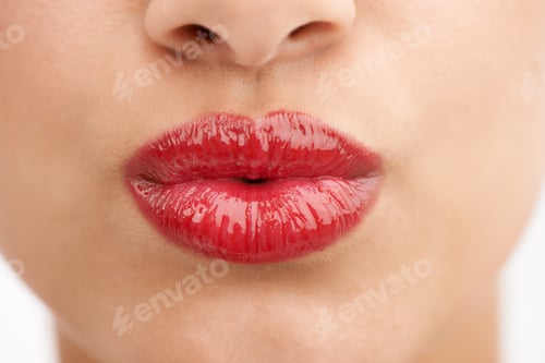 Preview: A glossy red pout. Cropped closeup shot of a young woman pouting.