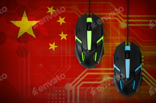 Preview: China flag and two modern computer mice with backlight