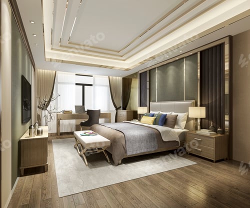 Preview: 3d rendering beautiful minimal luxury asian bedroom suite in hotel with tv