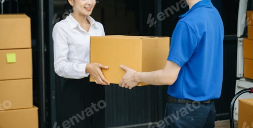 Preview: Express Delivery Service. Asian Courier Delivering Package to man Delivery service near van outside