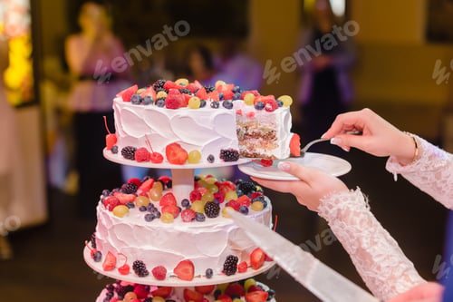 Preview: bride cutting White wedding cake on the table
