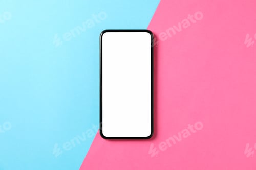 Preview: Phone with empty screen on two tone background, top view