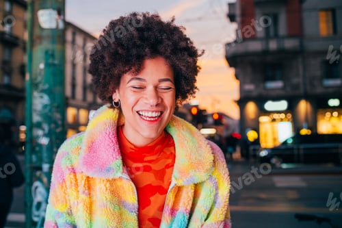 Preview: Portrait young black woman laughing posing outdoor having fun positive attitude city night