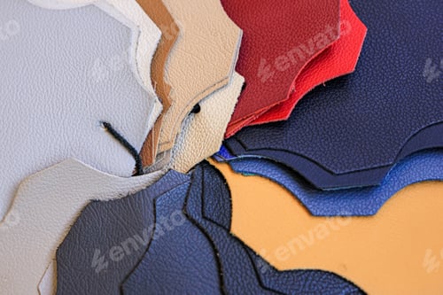 Preview: Samples of natural, textured, multi-colored leather. Top view. Industry fabric background.