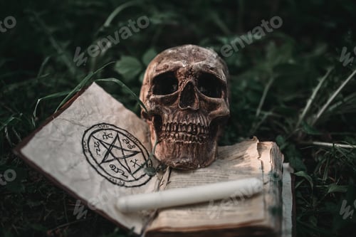 Preview: Black magic book with occult symbols and skull