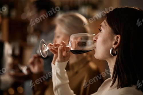 Preview: Young Caucasian Woman Tasting Red Wine with Middle Aged People in Winery Setting
