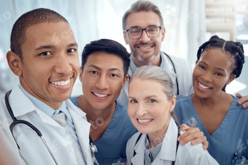 Preview: Doctors, diversity and selfie with healthcare, happy and memory with teamwork, social media and tea