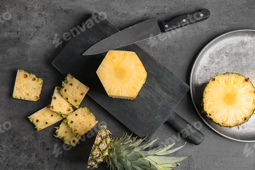 Preview: Cut fresh pineapple on wooden board