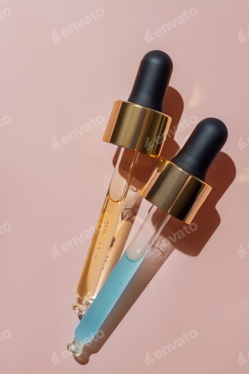 Preview: close up of two pipettes with pouring liquid serum and shadows on beige background. Trendy cosmetics