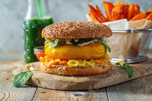 Preview: Healthy vegan burger with fresh vegetables.