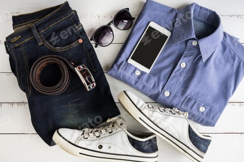 Preview: Men's casual outfits on white wooden background