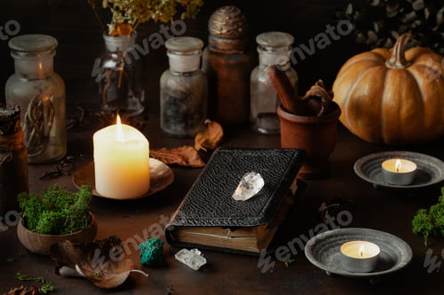 Preview: Witchcraft still life concept with potion, spell book, herbs ingredients and magical equipment