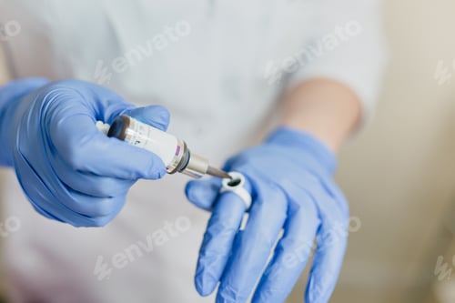 Preview: Closeup portrait of doctor s hands in blue gloves working with modern medicine. Professional dermato