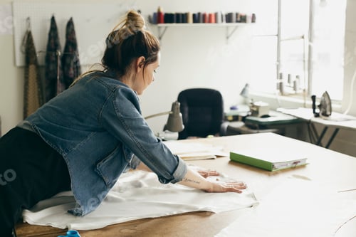 Preview: Young female seamstress laying out pattern component in fashion studio