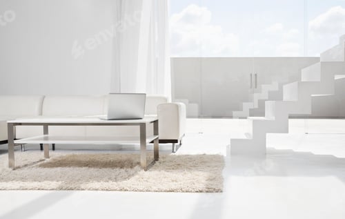 Preview: Spain, Modern living room with laptop and stairs