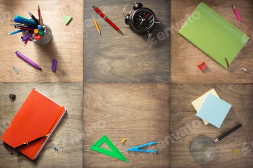 Preview: school supplies at wooden background