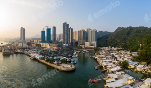 Preview: Lei yue man, Hong Kong 22 May 2019: Hong Kong residential district with the sea