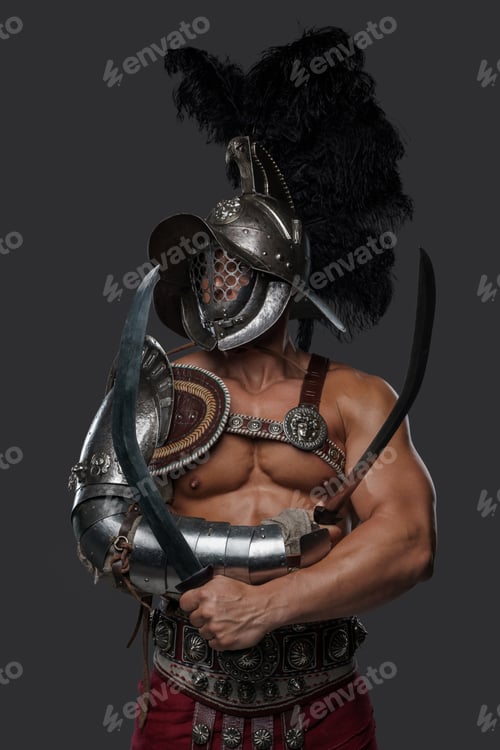 Preview: Roman arena fighter with crossed swords and plumed helmet