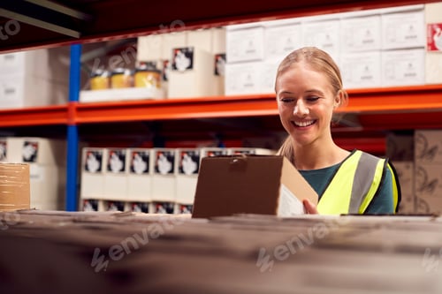 Preview: Female Worker Picking Box From Shelf Inside Warehouse
