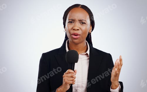 Preview: Portrait, news and broadcast with black woman, microphone and journalist on a white studio backgrou