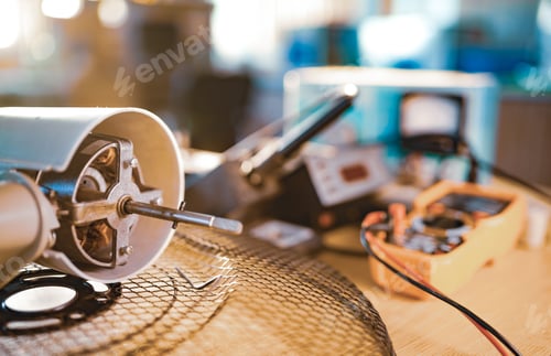 Preview: Close-up of motor from home cooling fan lies on a table in workshop