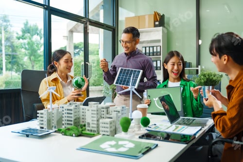 Preview: Colleagues meet at desk brainstorm environmental management strategies. discuss carbon emissions