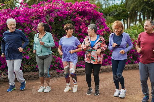 Preview: Group of senior people doing warm up exercise before sport workout with city park in background