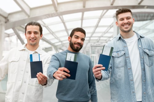 Preview: Three Cheerful Male Passengers Showing Their Passports Posing In Airport