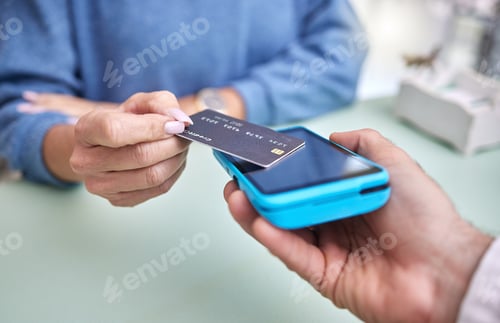 Preview: Shopping, hands or payment with a credit card by a customer checkout transaction at optometrist. Fi