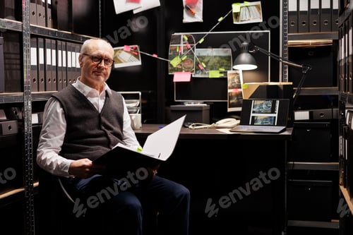 Preview: Senior investigator sitting at desk checking criminology report