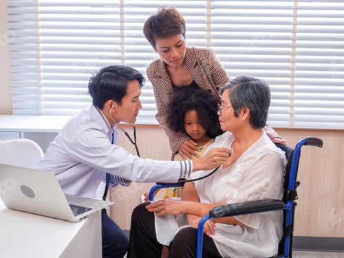 Preview: At hospital room patient sit on wheel chair consult doctor on heart beat prepare for stethoscope