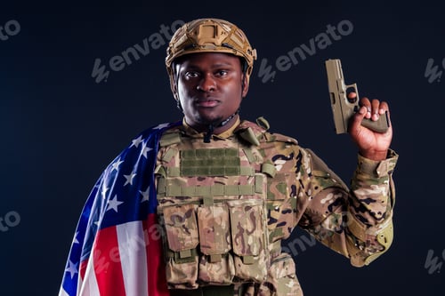 Preview: military army african male warrior camouflage suit sorrow sadness wrapped in an American flag