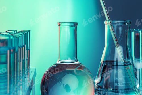 Preview: Laboratory chemistry glassware on green toned background