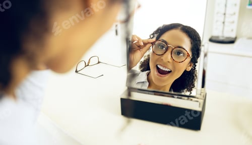 Preview: Optometry store, mirror and woman surprise over eyeglasses decision, optical clinic product or pres