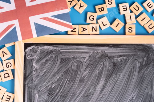 Preview: Chalkboard with white streaks next to the letters and the British flag