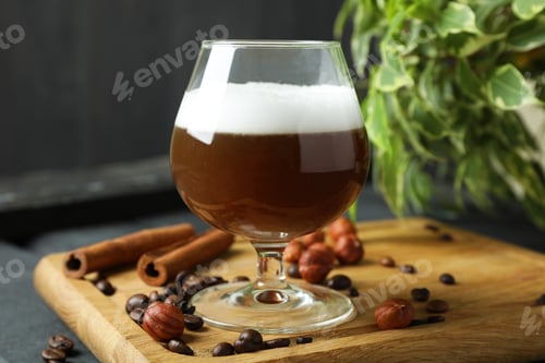 Preview: Concept of delicious drink with Irish coffee on wooden board