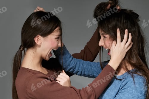 Preview: coquettish girl playing with hair of her sister